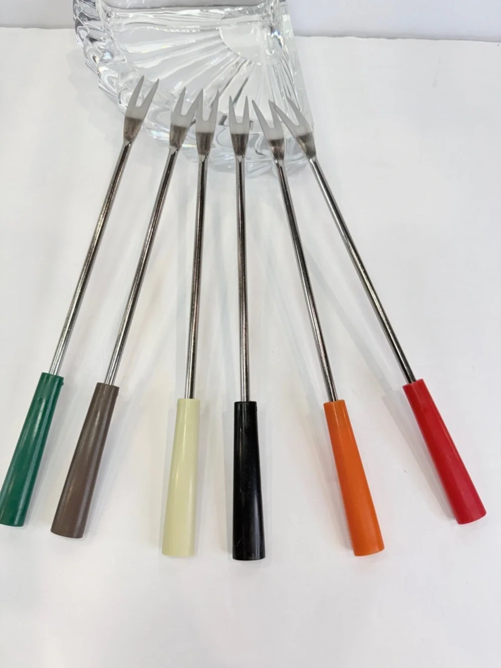 10 inch “Vintage Fondue Fork Set 6 Color Handle Retro 70s Appetizer Picks”